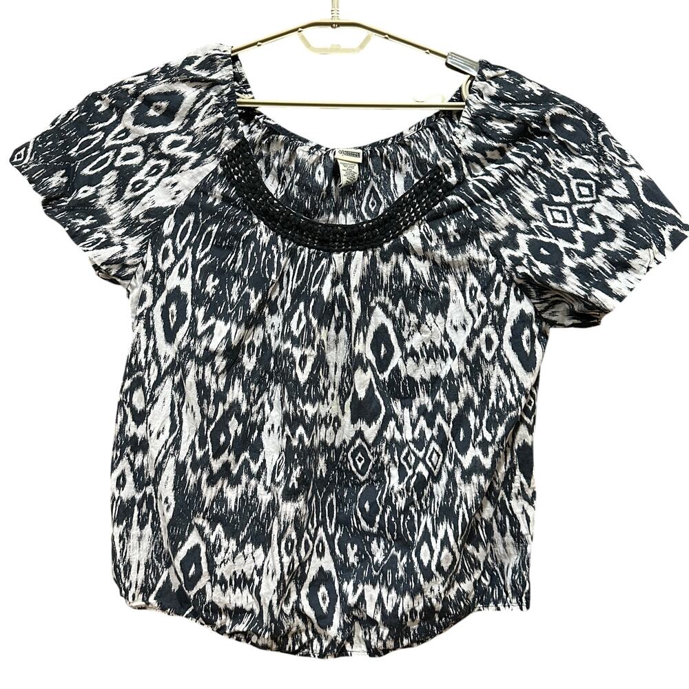Route 66 Blouse Plus 2X Gray White All Over Print Short Sleeve 100% Cotton